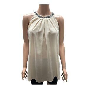 New York & Co. - EC - Chic Cream Sleeveless Top with Embellished Neckline